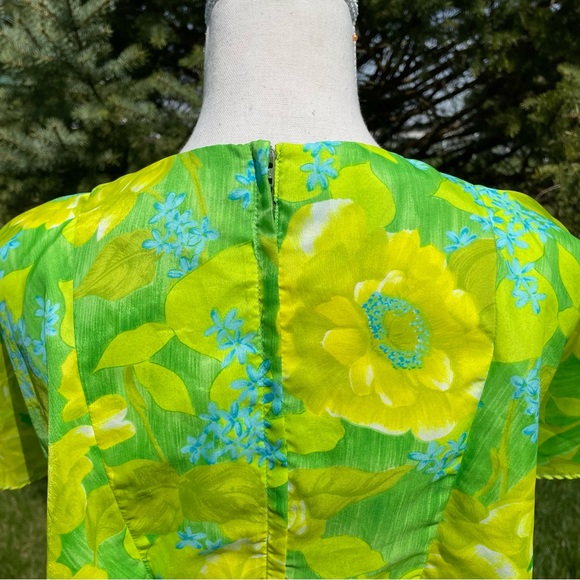 BEAUTIFUL Vintage Hawaiian Green Yellow Floral Print Flutter Sleeve Maxi Dress - Picture 6 of 8